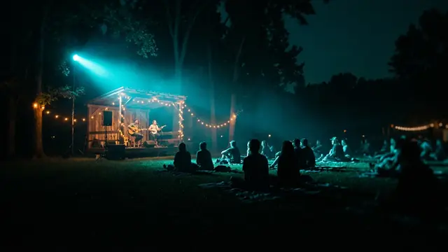 Festivalbühne bei Nacht: Erstelle dein eigenes All Things Go Musikquiz-Paket (Hitster-Style) mit Hitify