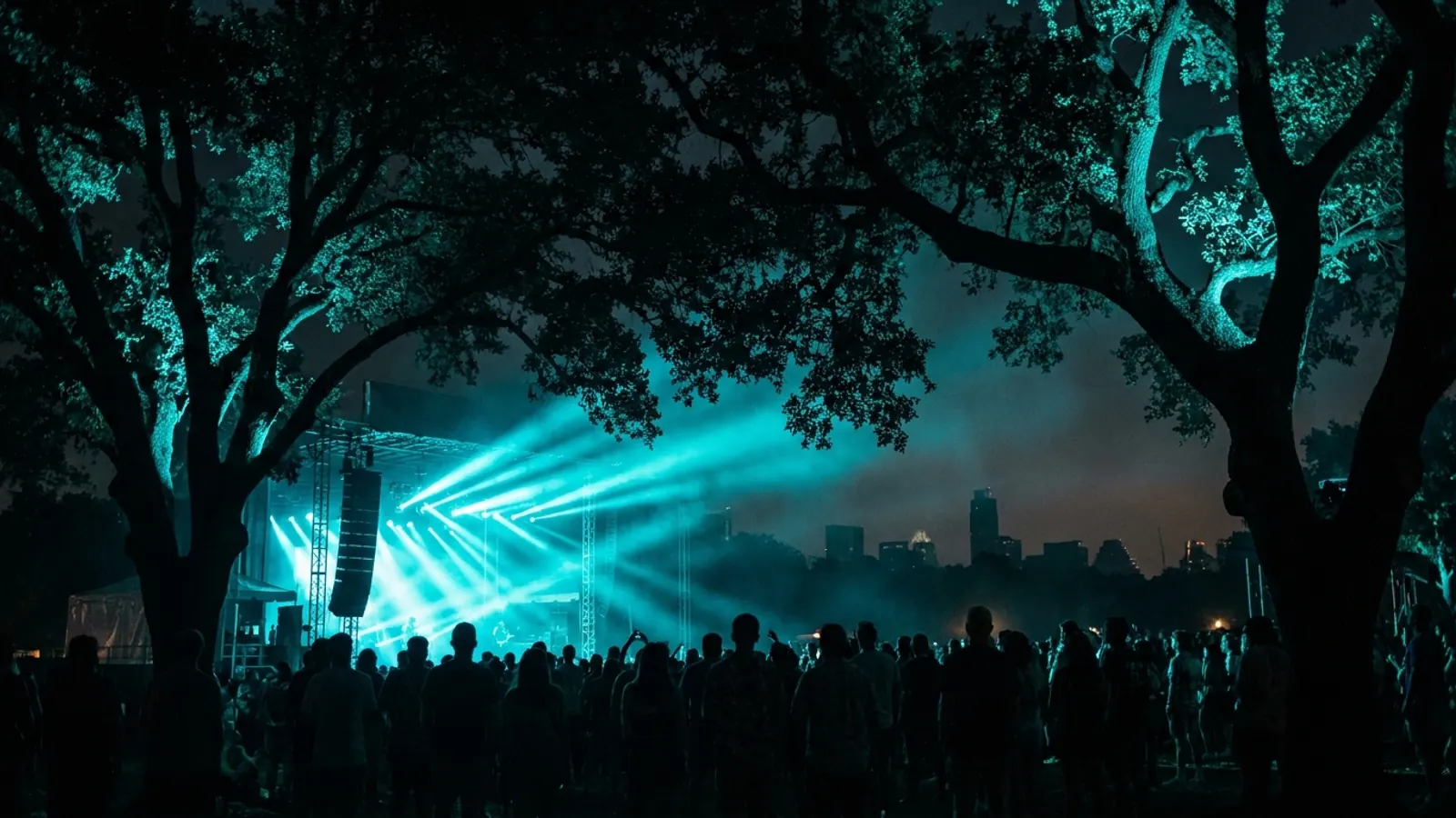 Scène de festival la nuit: Cree ton propre pack quiz musical Austin City Limits 2026 avec Hitify (style Hitster)