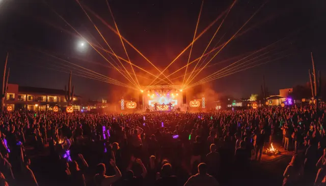 Halloween-Festivalpublikum bei Nacht mit Lasern und orangefarbenem Bühnenlicht: Erstelle dein eigenes BOO-Arizona-Musikquiz-Paket (Hitster-Style) mit Hitify
