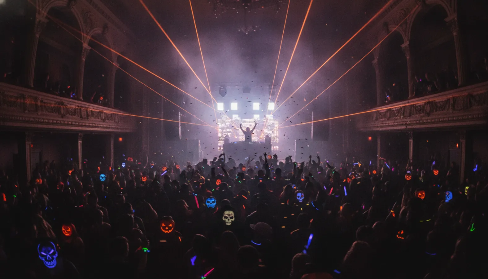 Naamiaisasuinen yleisö hehkuvissa kurpitsanaamareissa halloween-rave-bileissä oranssien laserien alla: Tee oma BOO Seattle musiikkivisapakkasi (Hitster-tyylin) Hitifyllä