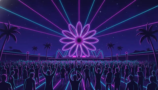 Neon-Festivalpublikum bei Nacht mit Lasern unter einer riesigen leuchtenden Blumenbühne: Erstelle dein eigenes EDC-Orlando-Musikquiz-Paket (Hitster-Style) mit Hitify