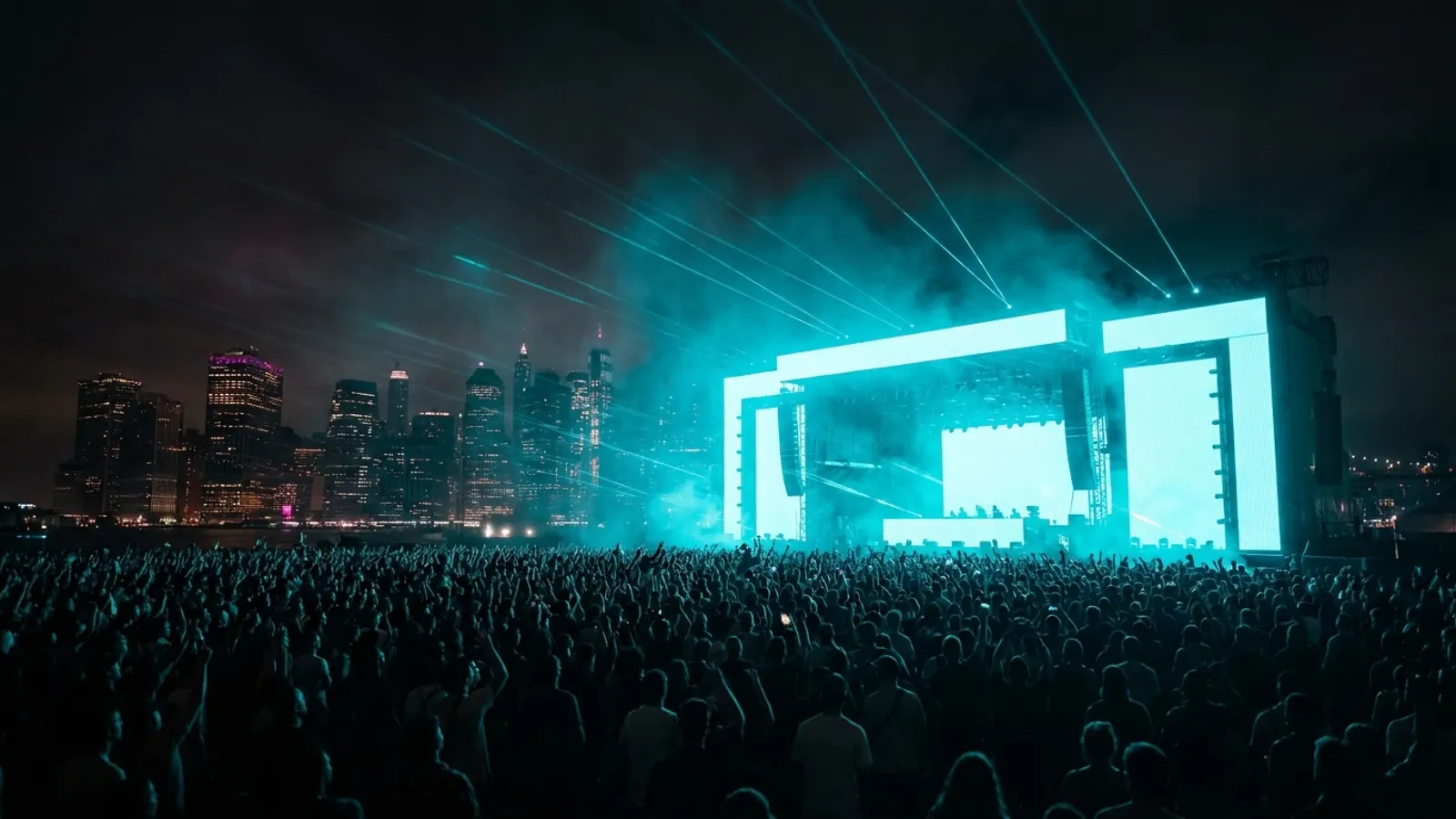 Palco de festival à noite: Crie seu proprio pack de quiz musical do Electric Zoo 2026 com Hitify (estilo Hitster)