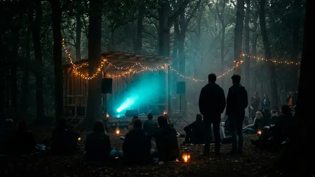 Festivalbühne bei Nacht: Erstell dein eigenes End of the Road 2026 Musikquiz-Pack (Hitster-Style) mit Hitify