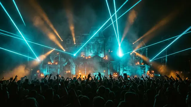 Festivalbühne bei Nacht: Erstelle dein eigenes Escape Halloween Musikquiz-Paket (Hitster-Style) mit Hitify