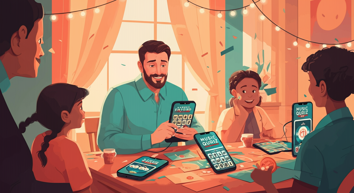 Un père et ses enfants riant pendant une soirée quiz musical