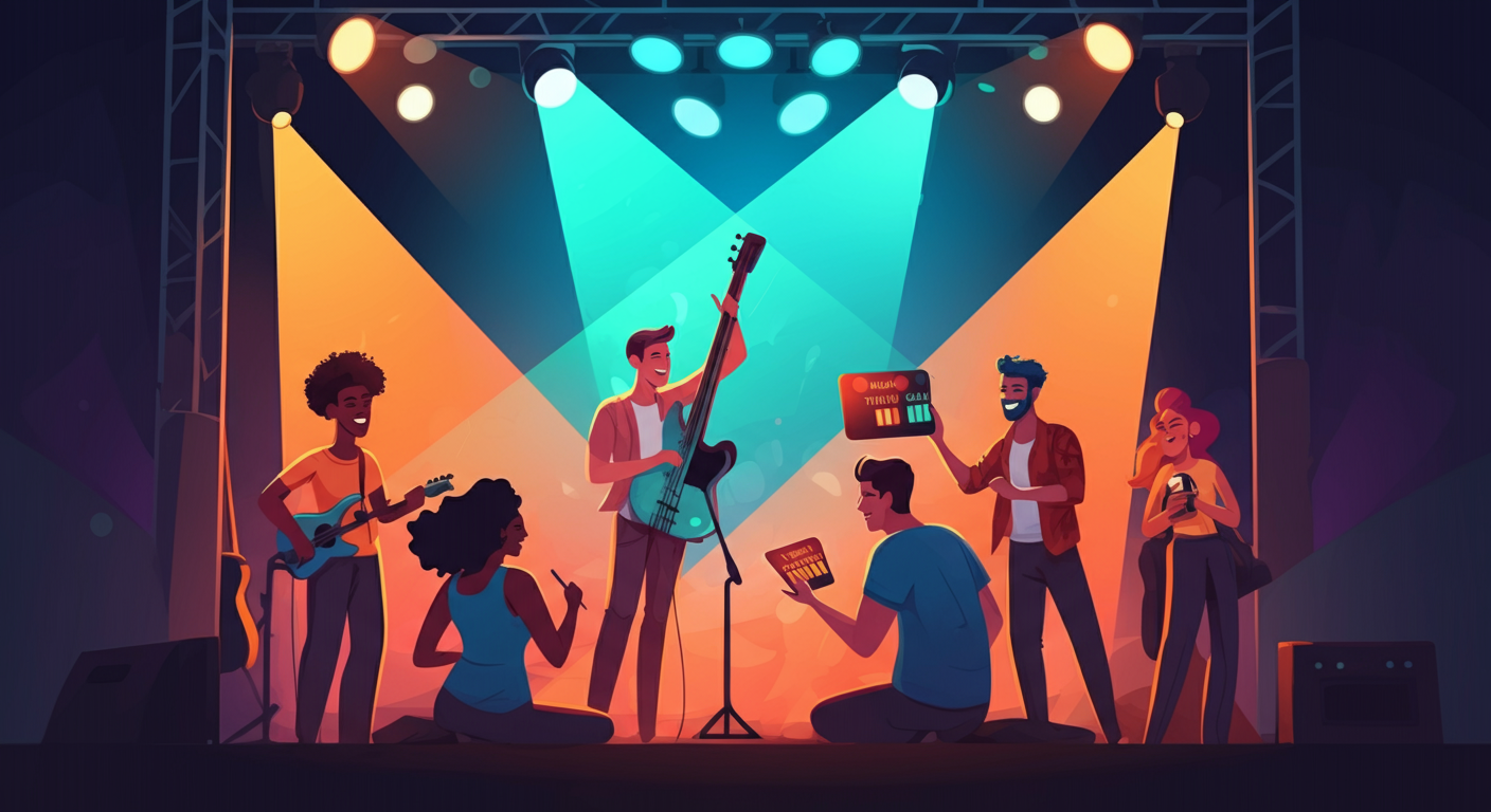 Des amis jouant à un jeu musical sur le thème du festival sous des lumières colorées lors d'une fête