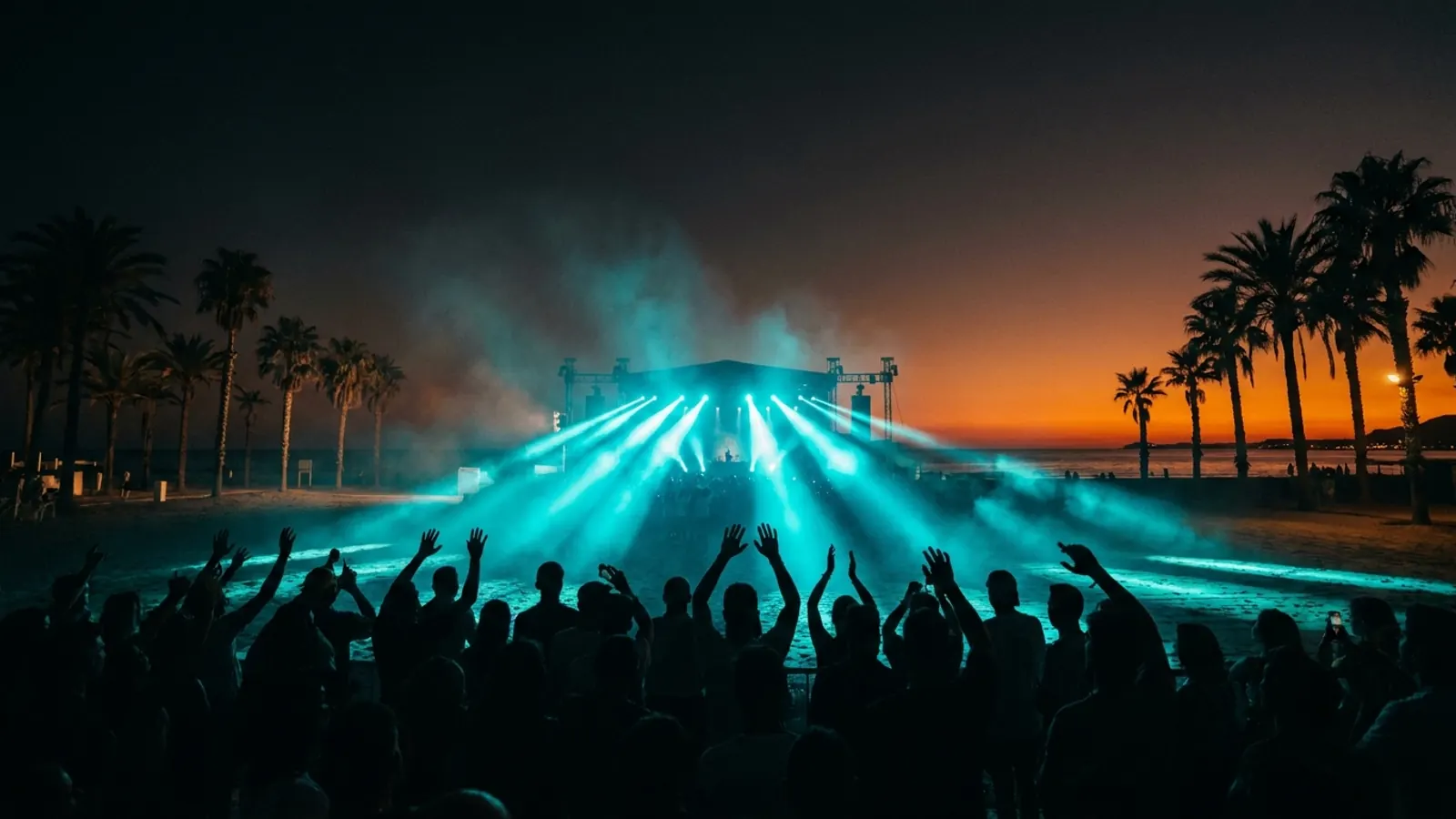 夜のフェスのステージ: HitifyでFIB Benicassim 2026オリジナル音楽クイズパック（Hitster風）を作ろう