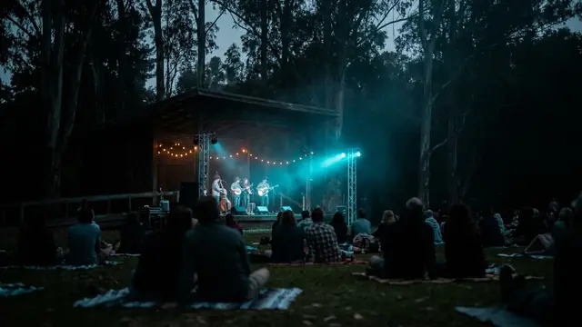 Festivalbühne bei Nacht: Erstelle dein eigenes Hardly Strictly Bluegrass Musikquiz-Paket (Hitster-Style) mit Hitify