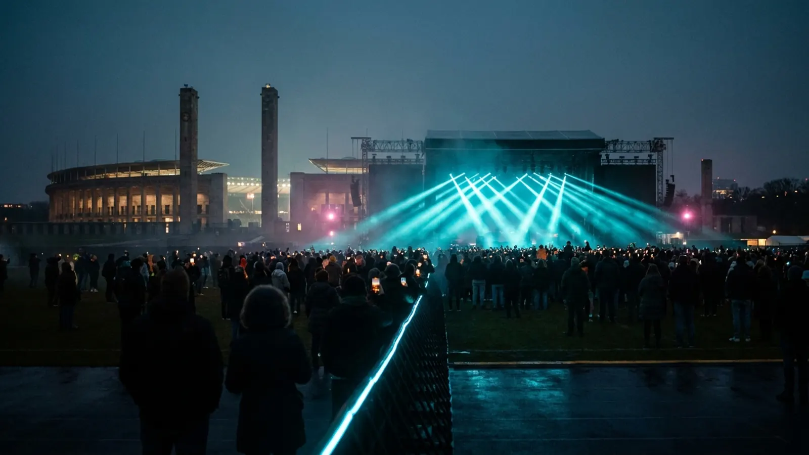 夜のフェスのステージ: Hitifyで自分だけのLollapalooza Berlin 2026 音楽クイズパック（Hitster風）を作ろう