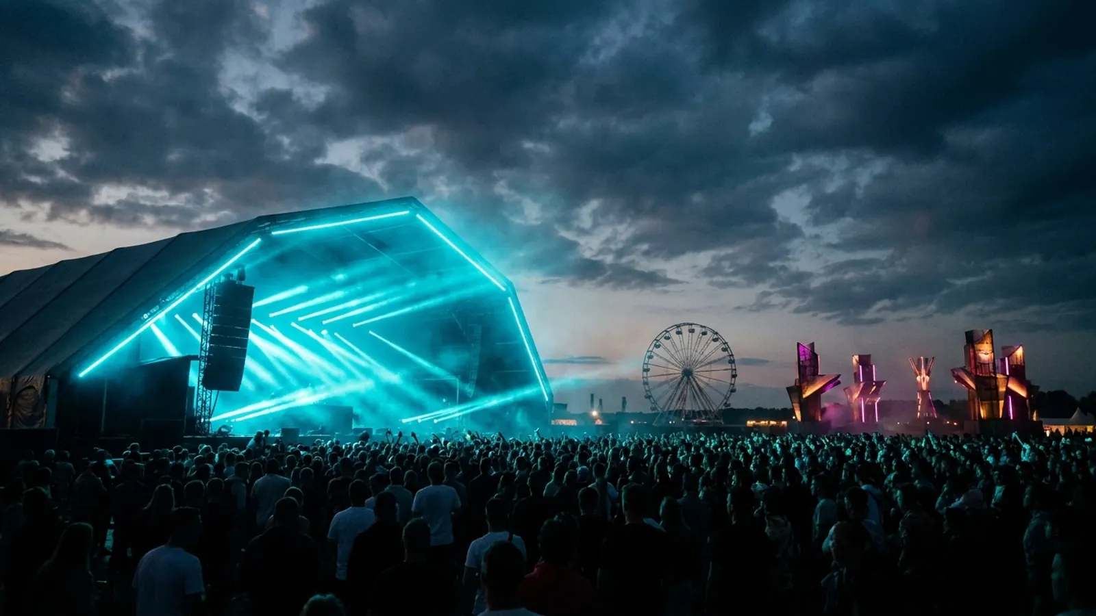 Festivalscene om natten: Lag ditt eget Lowlands 2026 musikkquiz-pack (Hitster-stil) med Hitify