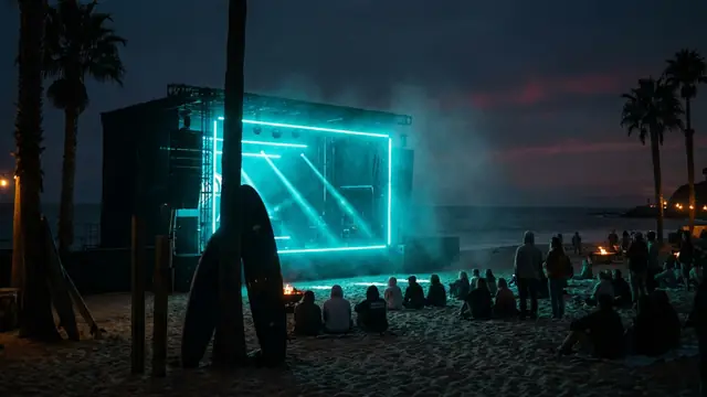 Festivalbühne bei Nacht: Erstelle dein eigenes Ohana Festival Musikquiz-Paket (Hitster-Style) mit Hitify