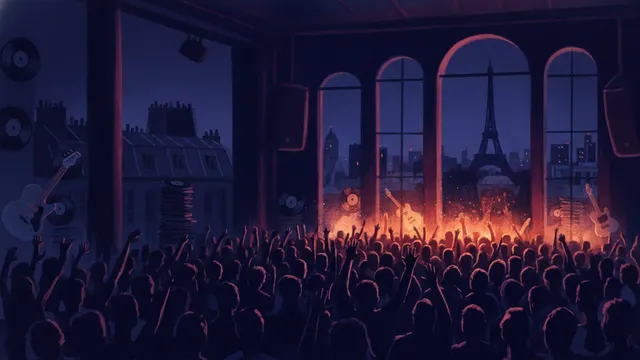 Publikum in einem Pariser Club mit Eiffelturm im Fenster: Erstelle dein eigenes Pitchfork-Paris-Musikquiz-Paket (Hitster-Style) mit Hitify