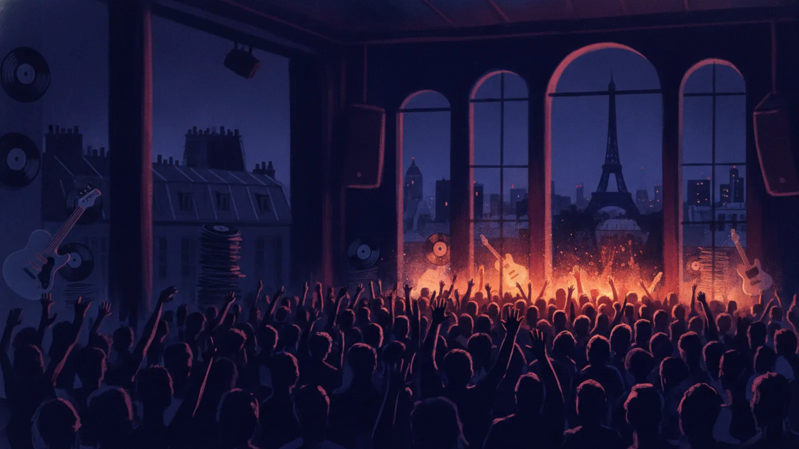 Publikum in einem Pariser Club mit Eiffelturm im Fenster: Erstelle dein eigenes Pitchfork-Paris-Musikquiz-Paket (Hitster-Style) mit Hitify