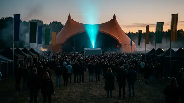 Festivalbühne bei Nacht: Erstelle dein eigenes Roskilde 2026 Musikquiz-Pack (Hitster-Style) mit Hitify