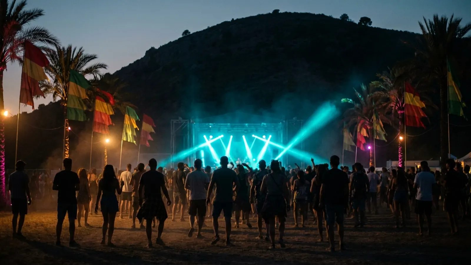 Festivalscen på natten: Skapa ditt eget Rototom Sunsplash 2026 musikquizpaket (Hitster-stil) med Hitify