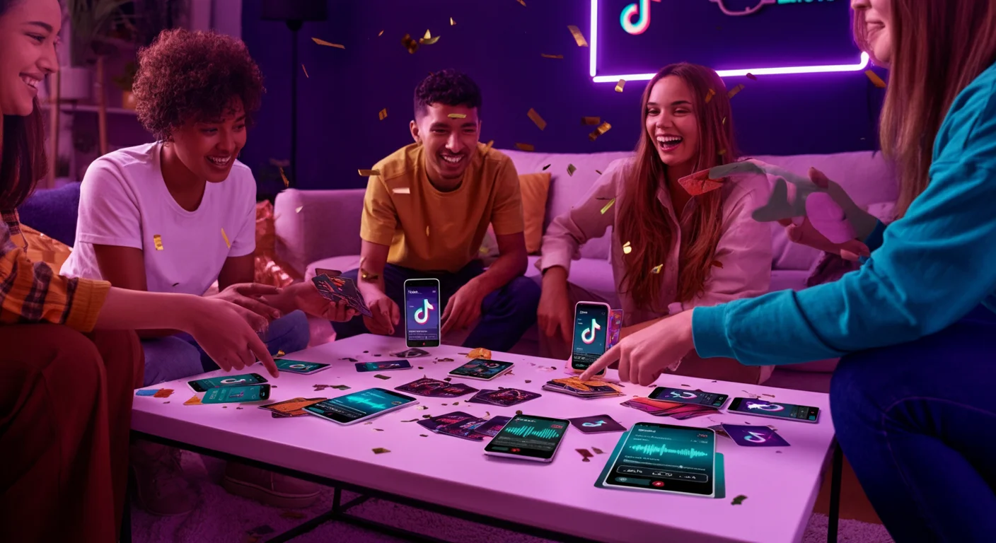 Des amis jouant a un quiz musical avec des telephones lumineux et des cartes de quiz colorees lors d'une fete