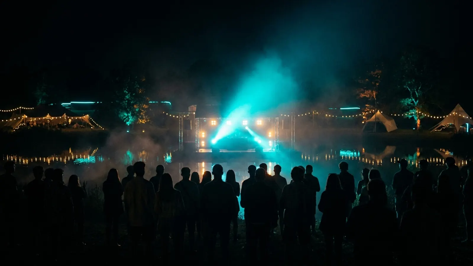 夜のフェスのステージ: HitifyでWilderness 2026オリジナル音楽クイズパック（Hitster風）を作ろう