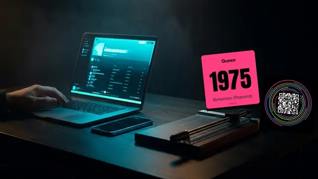 暗いデスクの上のHitifyミュージックカード、ノートPC、プリンター: 自分だけのHitster風ゲームを無料で作る：完全ステップバイステップガイド